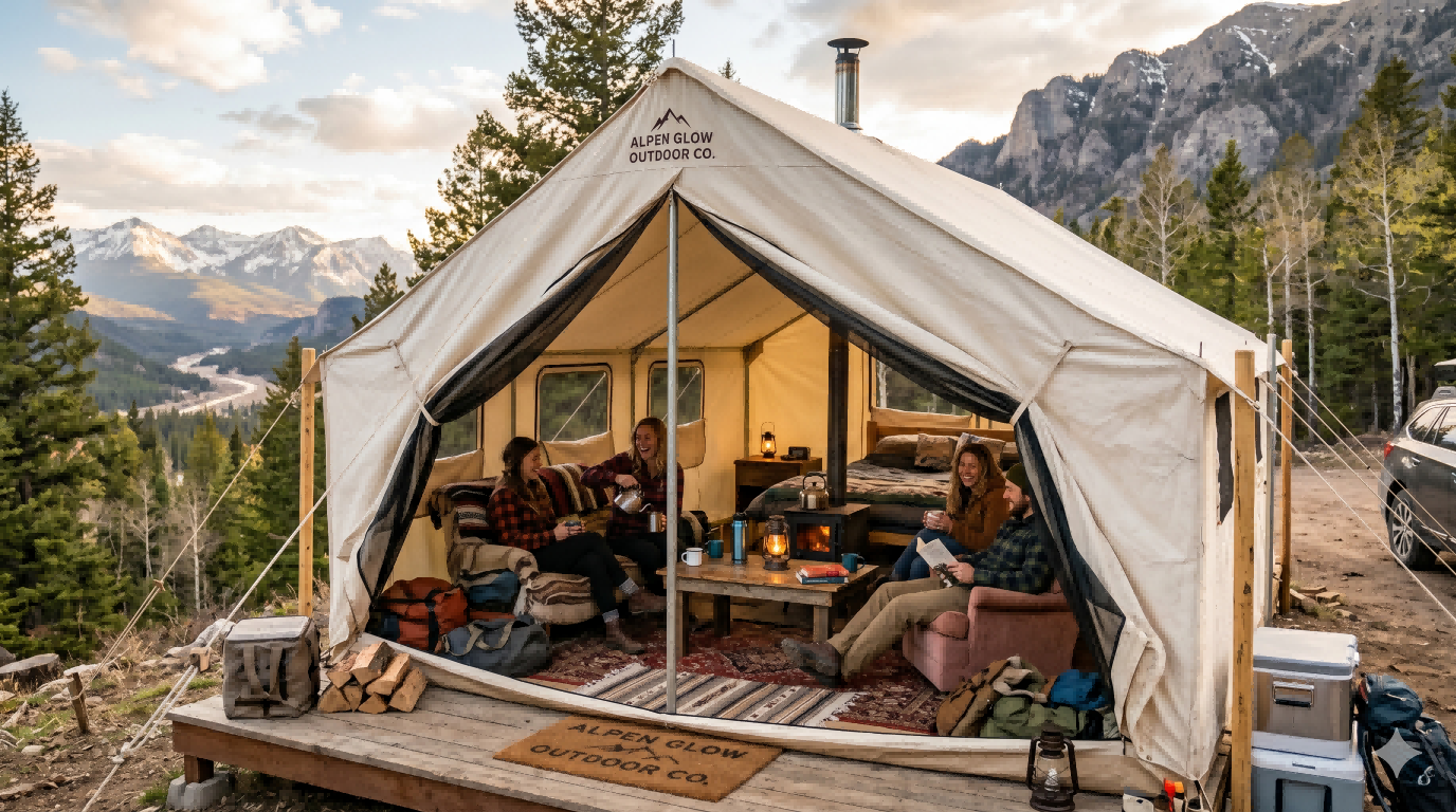 All-season canvas tent interior with stove and lounge seating, highlighting breathable fabric comfort and long-stay shelter value